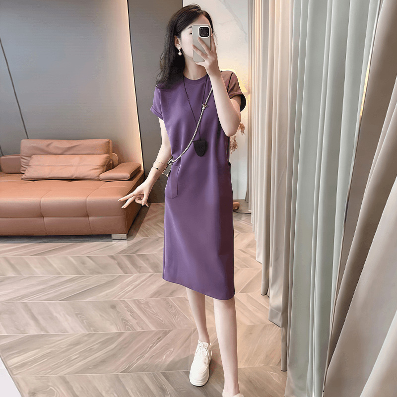 Women's Casual Slit Midi Dress Korean Style Loose Fit Short Sleeve Round Neck A-Line