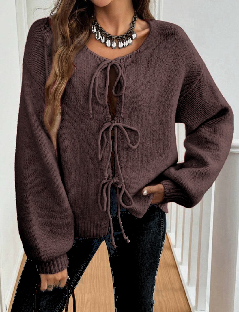 Women's Casual Loose Tie-Front Solid Knit Cardigan Sweater