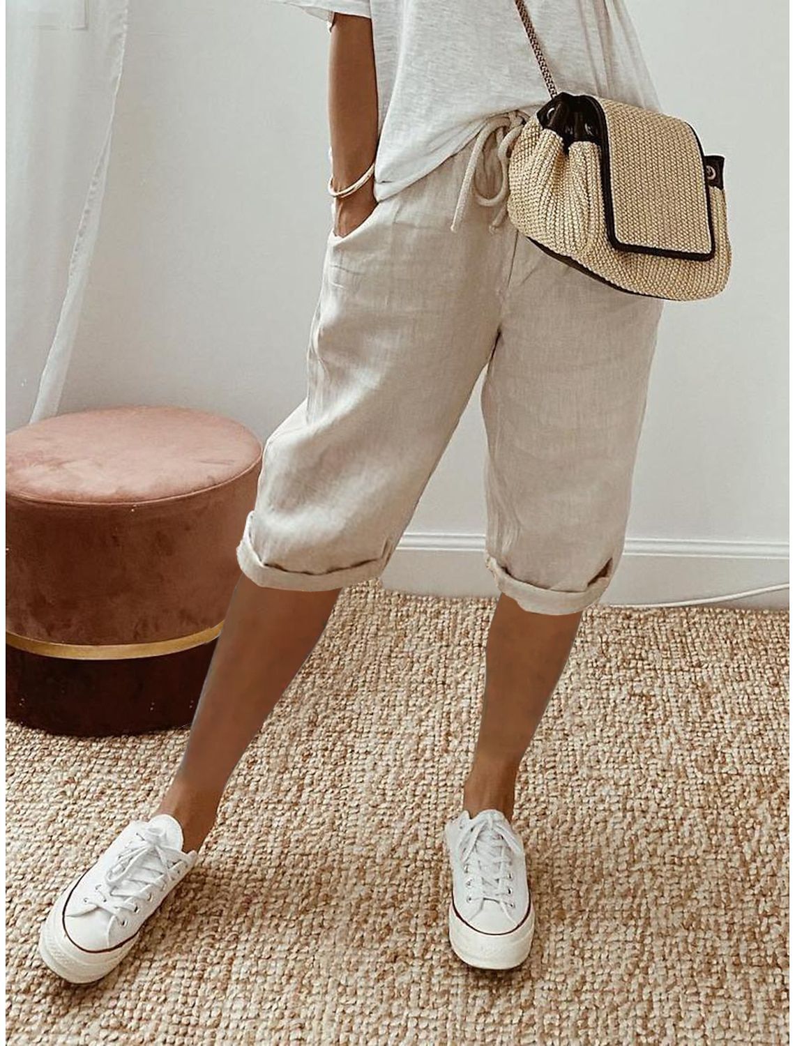 Women's Cotton-Linen Elastic Waist Casual Shorts with Pockets