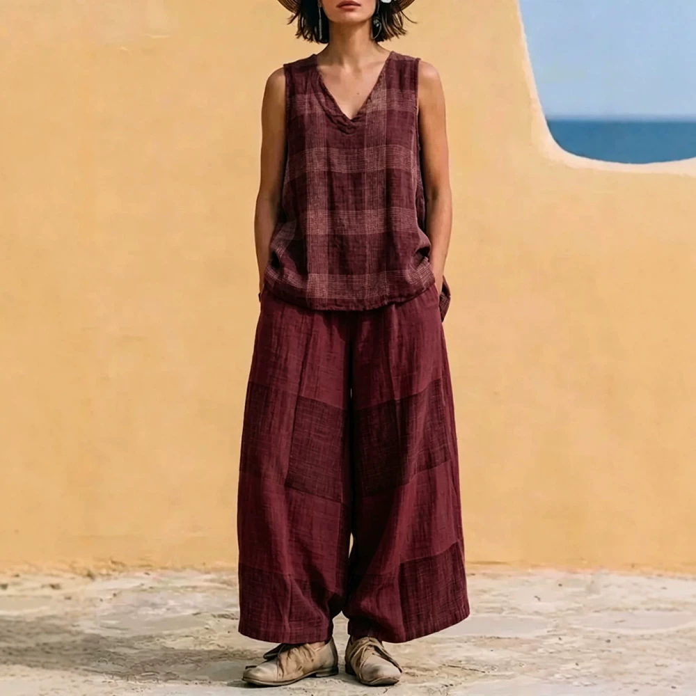 Women's Plaid Sleeveless Top and Wide-Leg Pants Two-Piece Set