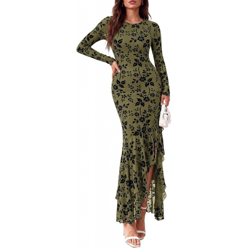 Slim-Fit Long-Sleeve Crewneck High-Waist Maxi Dress with Side Slit and Asymmetric Hem