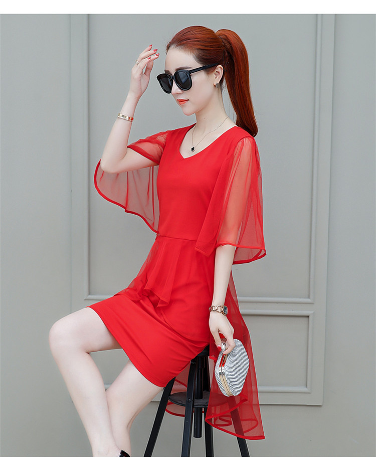 French Chiffon Dress Women's Summer V-Neck A-Line Midi Dress with Mesh Panels