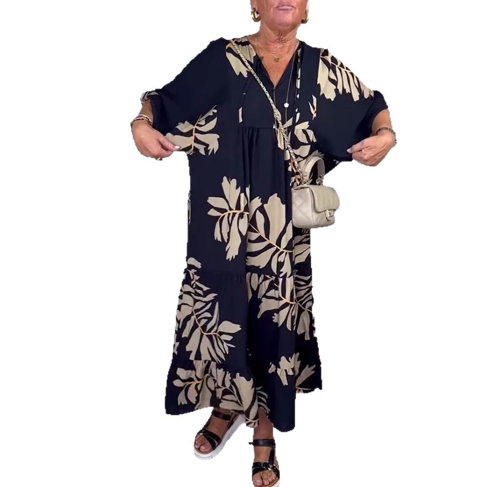 Elegant Floral Print V-Neck Long Sleeve Loose Dress
