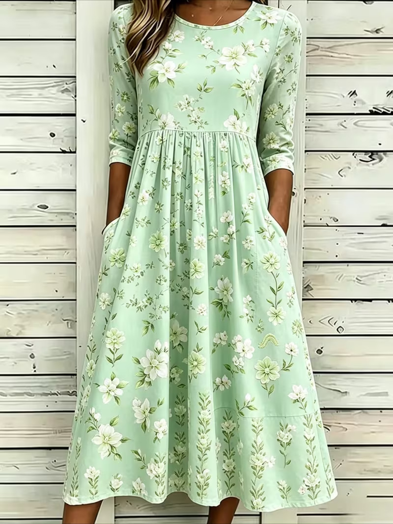 Women's Fresh Floral Print Ruched Midi Dress