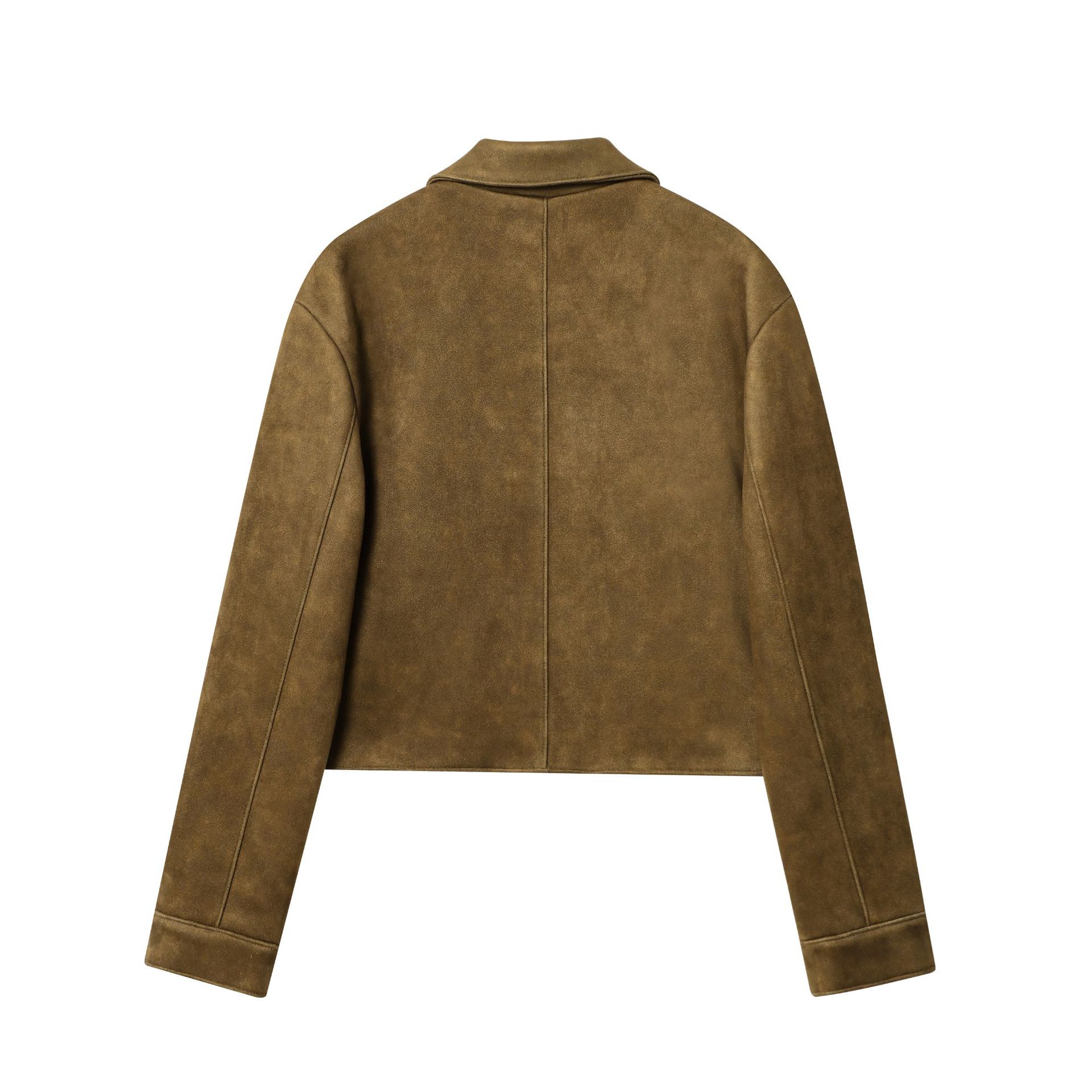 Women's Cropped Faux Suede Jacket with Button Front and Round Neck