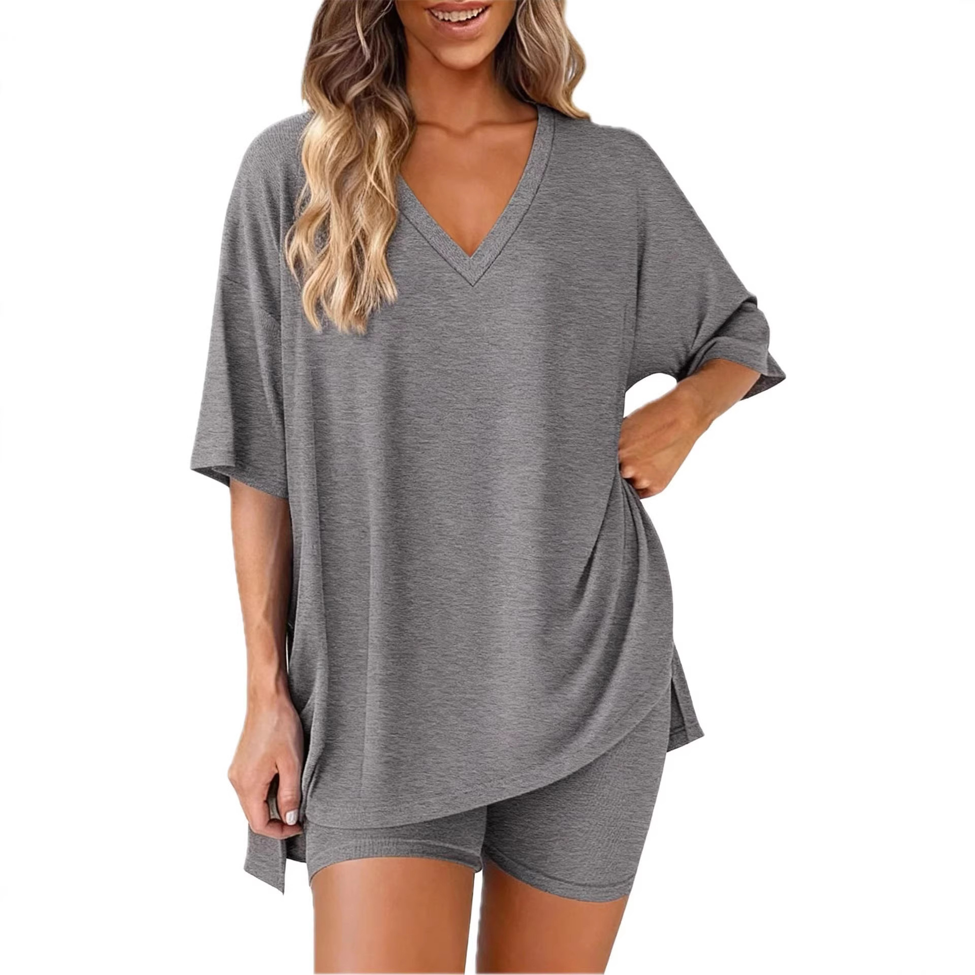 V-Neck Solid Color Loose Loungewear Set