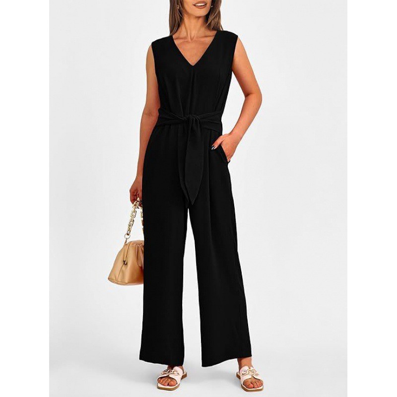 Women's V-Neck Sleeveless Wide-Leg Belted Jumpsuit