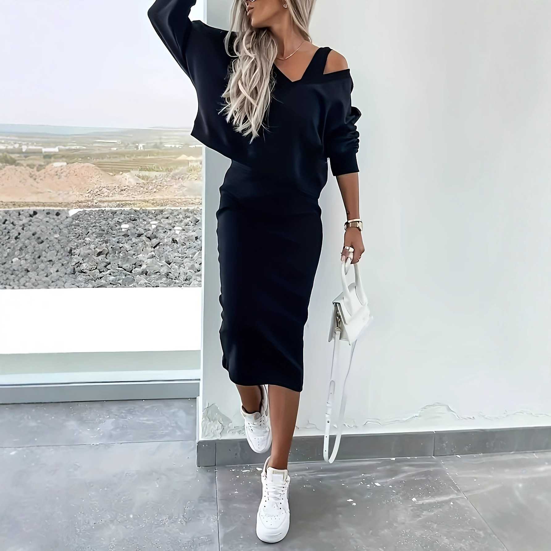 Women's Solid V-Neck Long-Sleeve Hoodie & Cami Dress Two-Piece Set