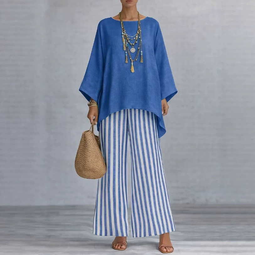 Women's Striped Print Cotton-Blend Two-Piece Set with Loose Collared Top and High-Waist Wide-Leg Pants