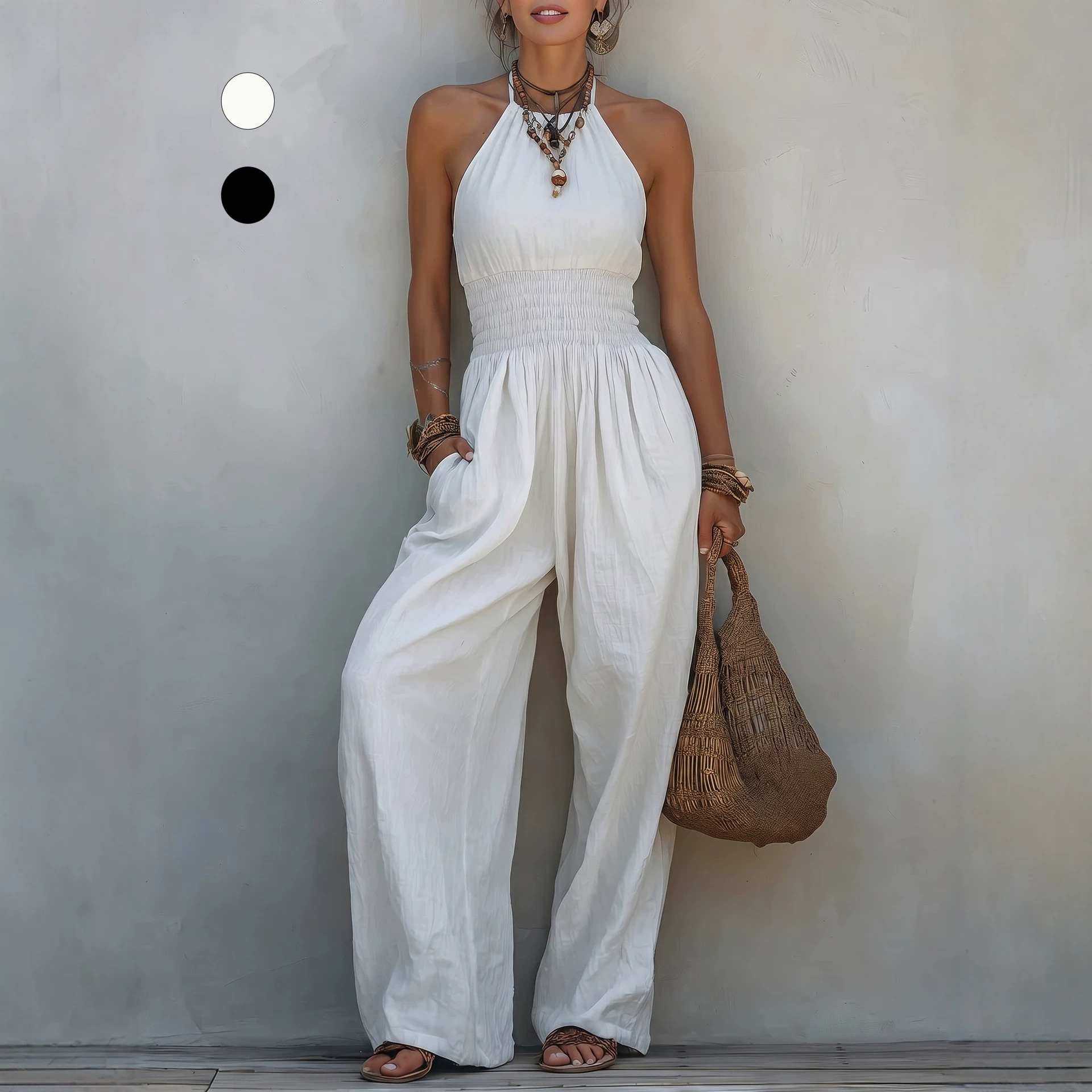 Bohemian Sleeveless Halter Wide-Leg Jumpsuit