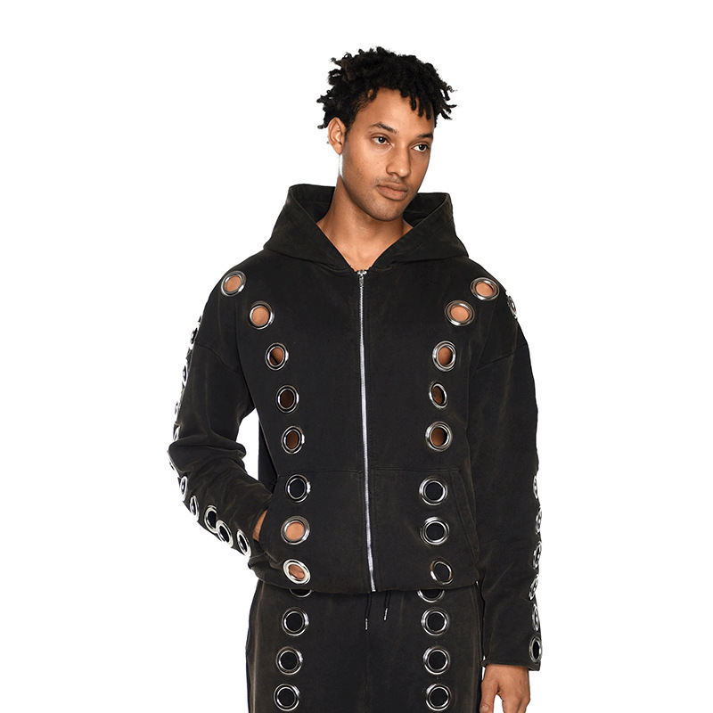 Unisex Loose Zip-Up Hoodie with Metal Ring Cutout and Eyelet Design