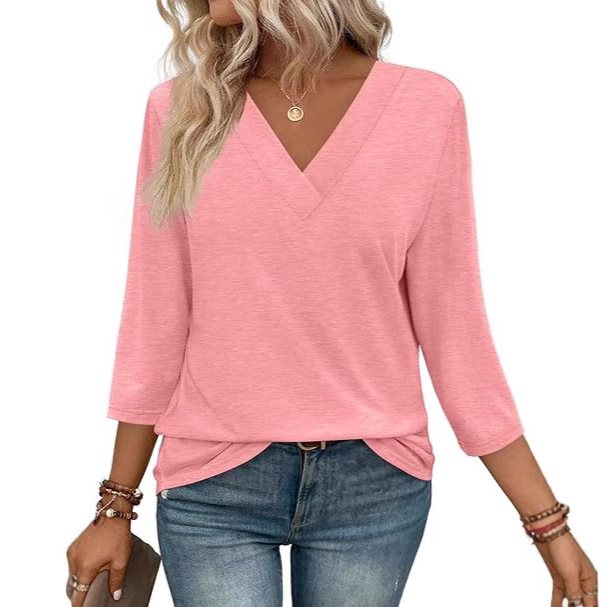 Women's V-Neck 3/4 Sleeve Knit Top - Fitted Casual T-Shirt