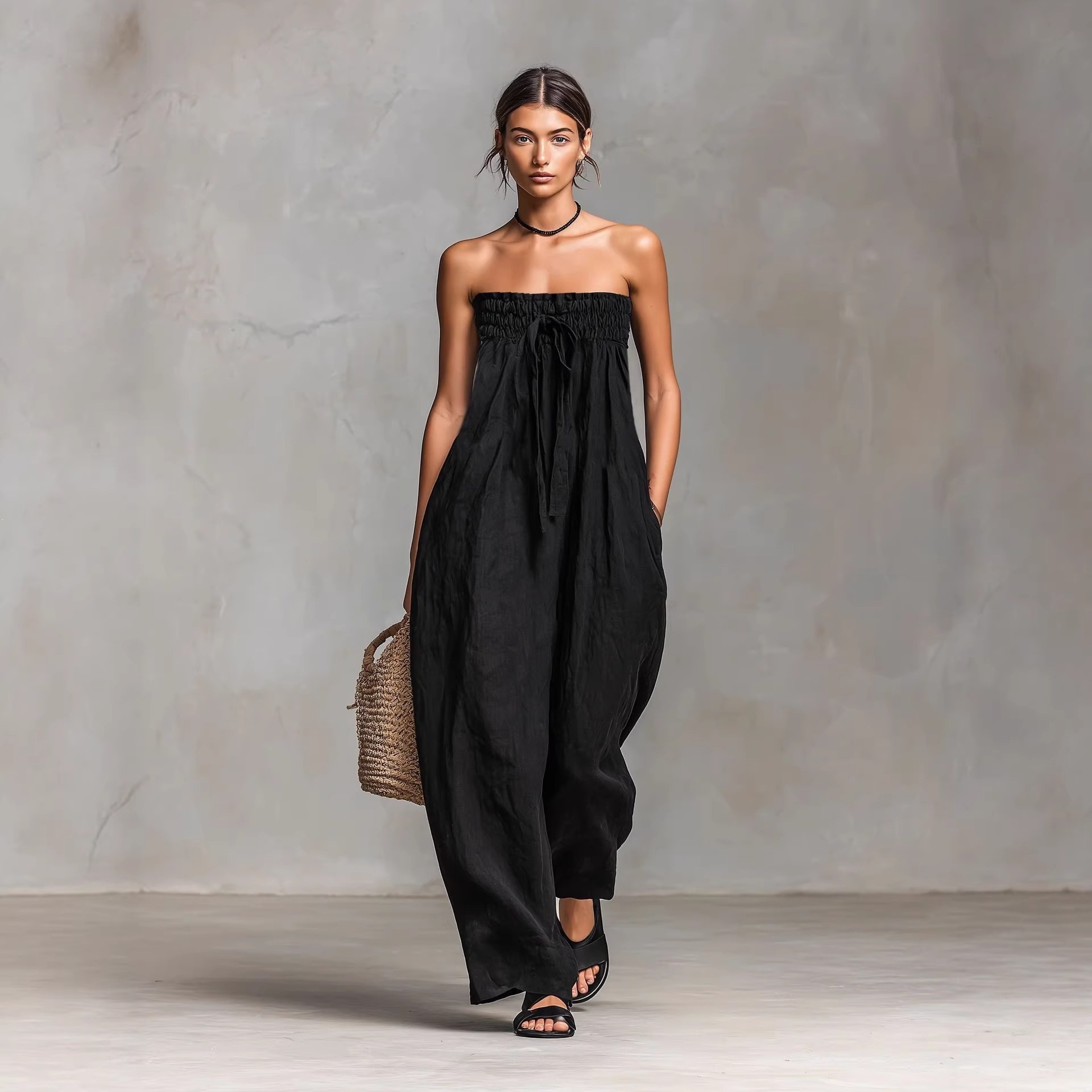 Women's Cotton-Linen Blend Strapless Tube Jumpsuit with Straight-Leg Pants