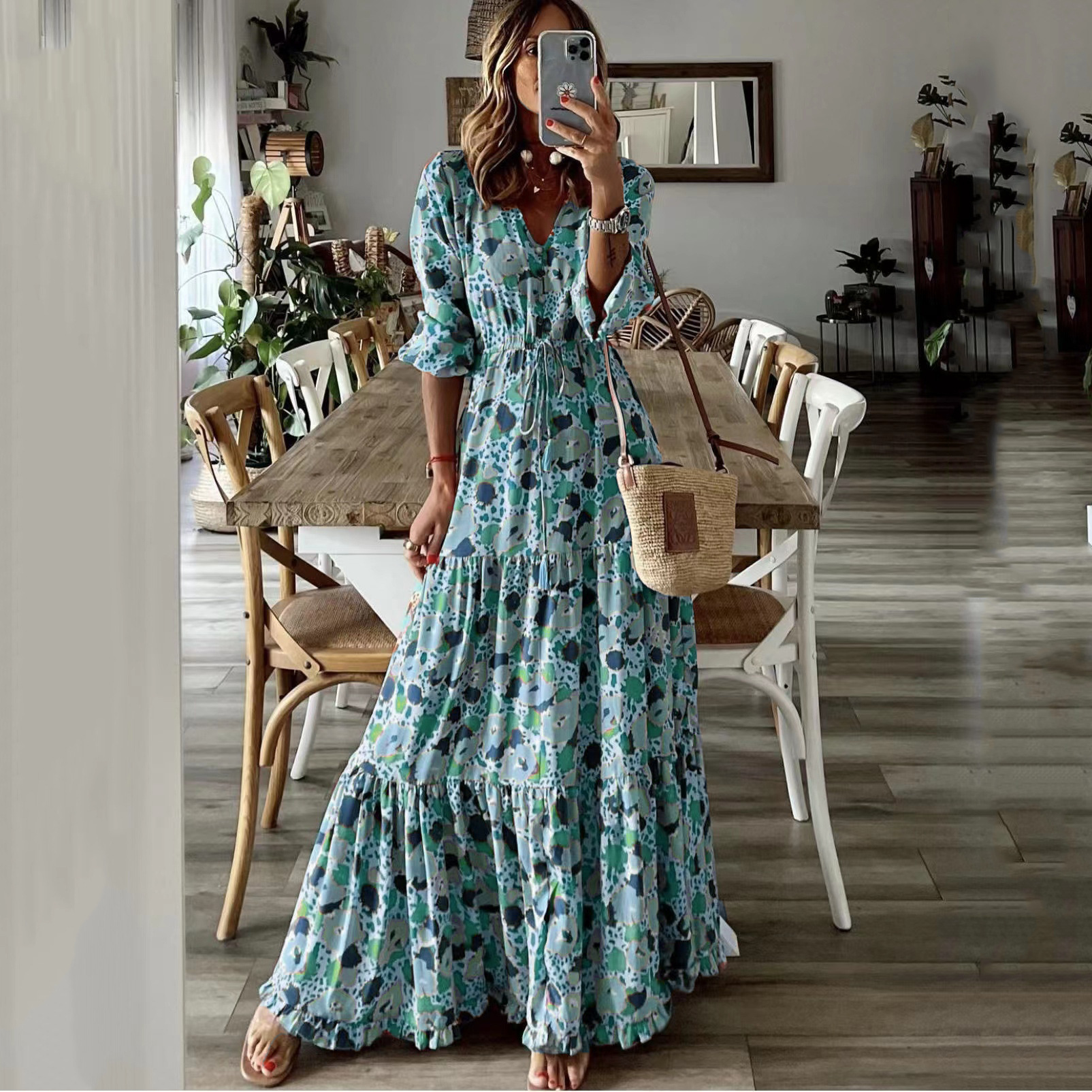Bohemian V-Neck Floral Print Maxi Dress with Lantern Sleeves