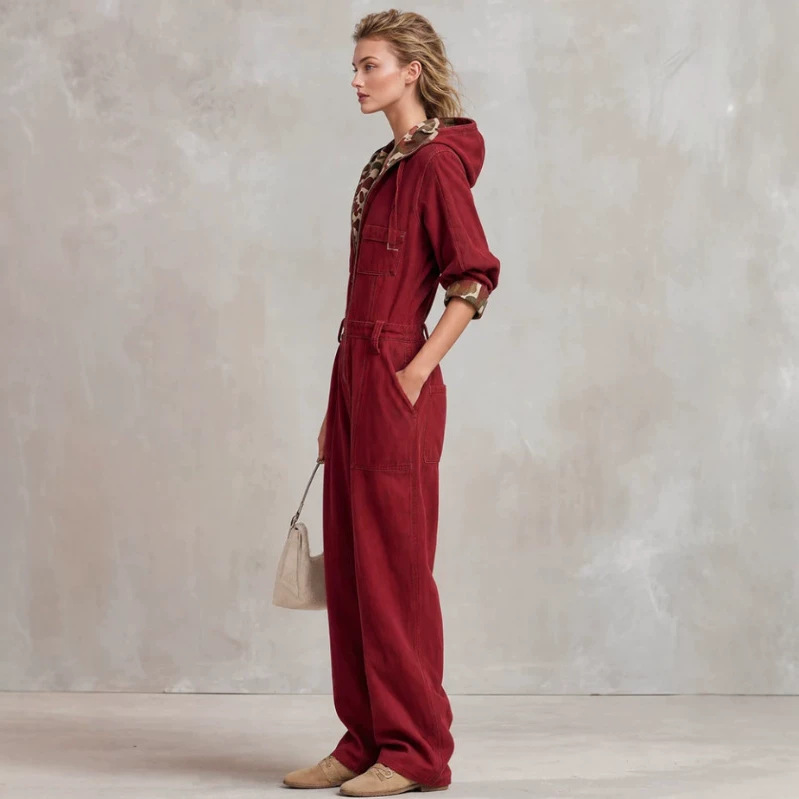 Camouflage Hooded Zip-Front Denim Jumpsuit