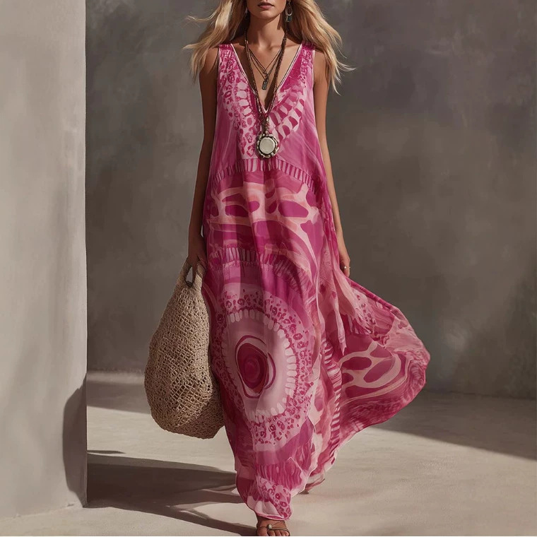 Flowy Vintage Floral Print Pink Chiffon Long Dress