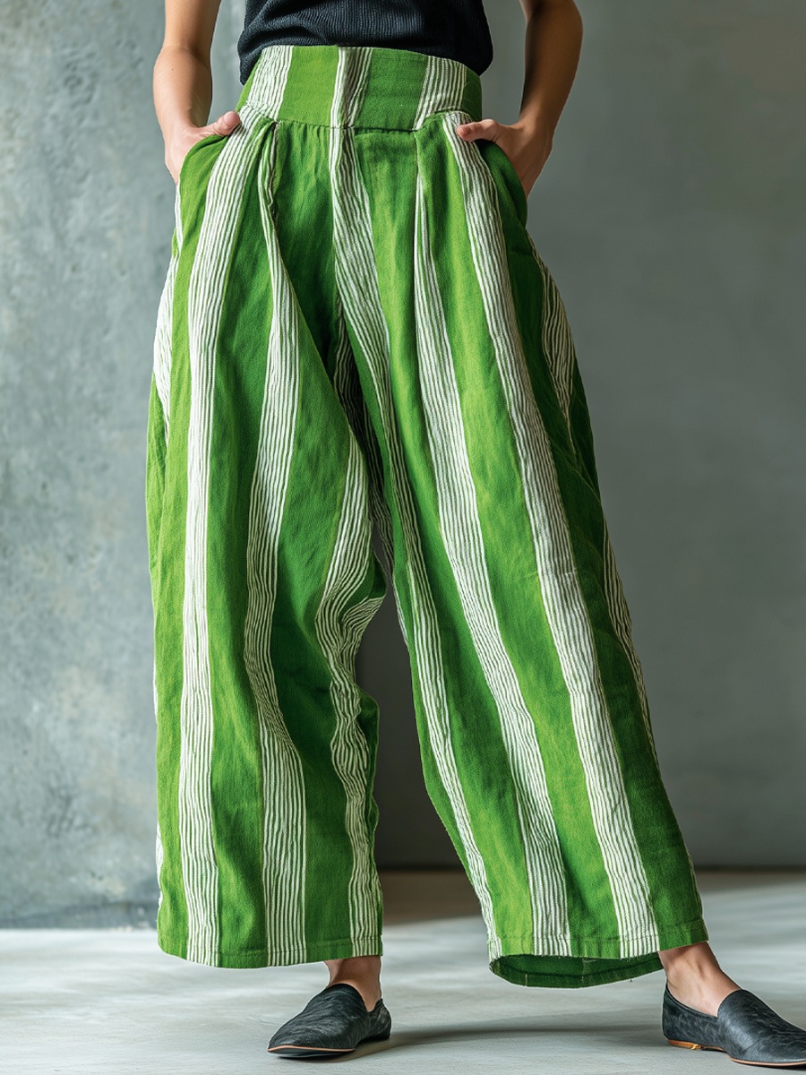 Women's Loose Striped Wide-Leg Pants Casual Vacation Linen-Blend High Waist