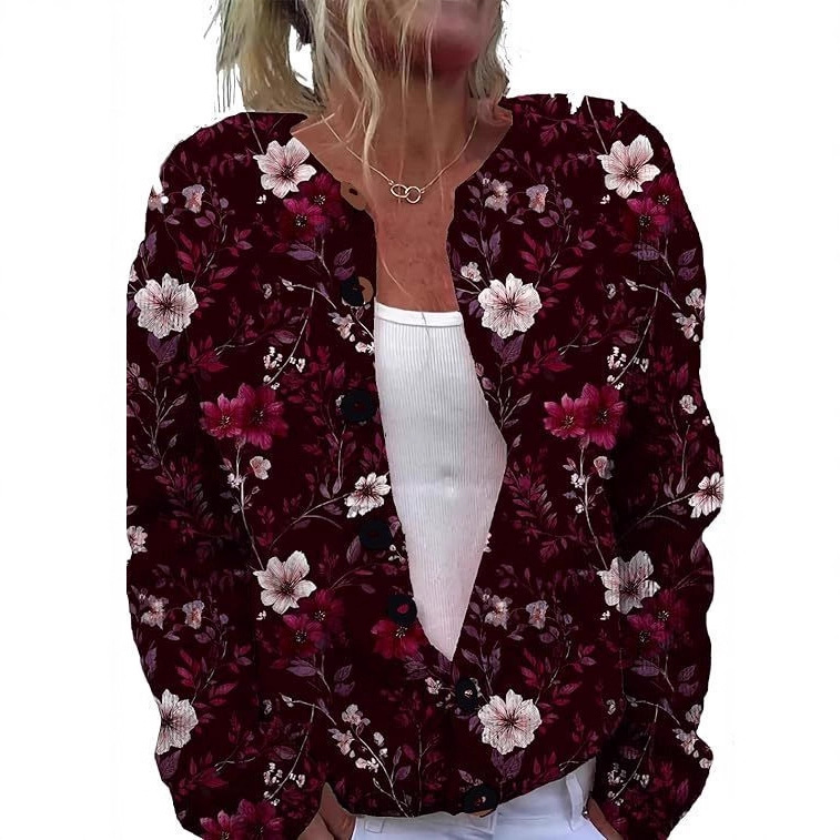 Women's Floral Leopard Snowflake Leaf Print Button Cardigan Sweater