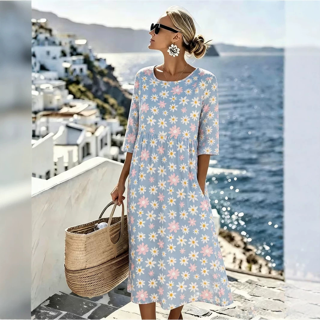 Women's Fresh Floral Daisy Print Ruched Midi Dress