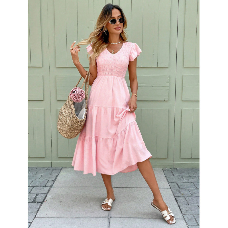 Solid Color Flutter Sleeve Dress
