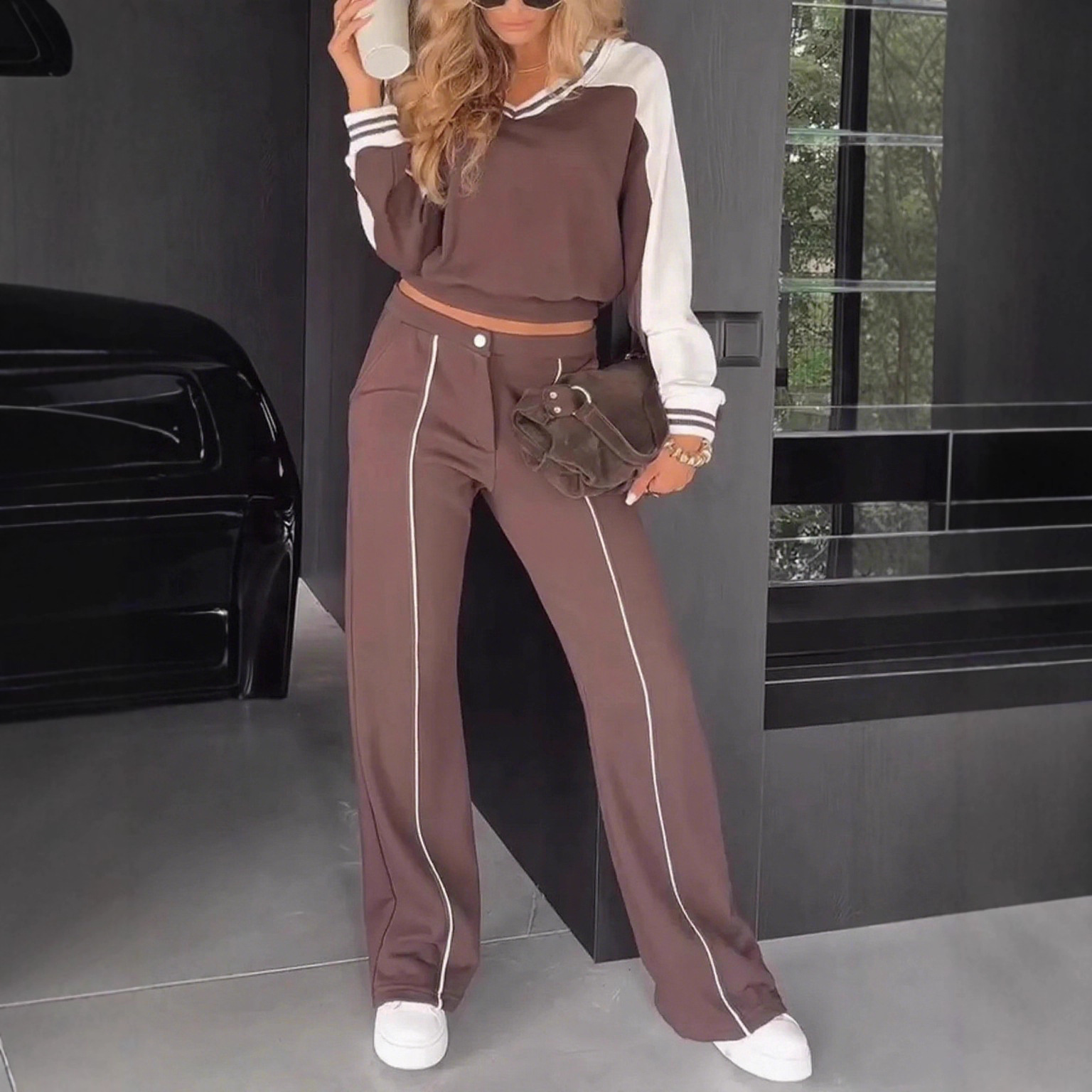 V-Neck Colorblock Striped Long Sleeve Top & Pants Set
