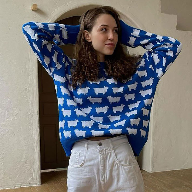 Alpaca Jacquard Crewneck Sweater Women's Loose Pullover