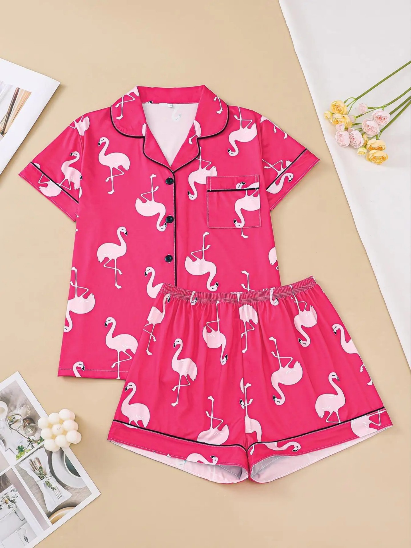 Women's Flamingo Print Collared Shirt Set Casual Loungewear