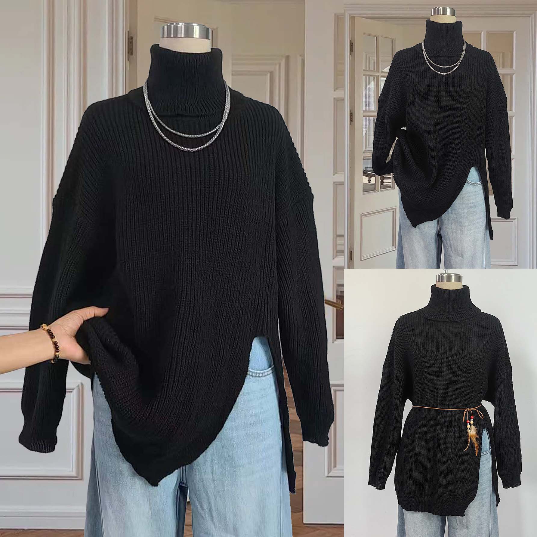 Women's High Neck Slit Tunic Sweater Plus Size Loose Pullover