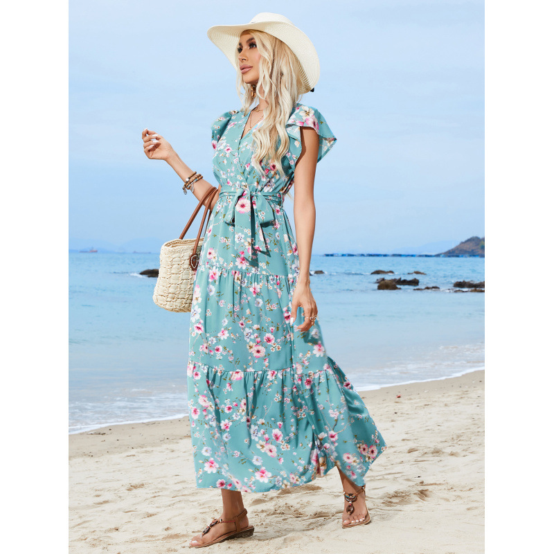Floral Print V-Neck Tiered Midi Dress with Ruffle Sleeves
