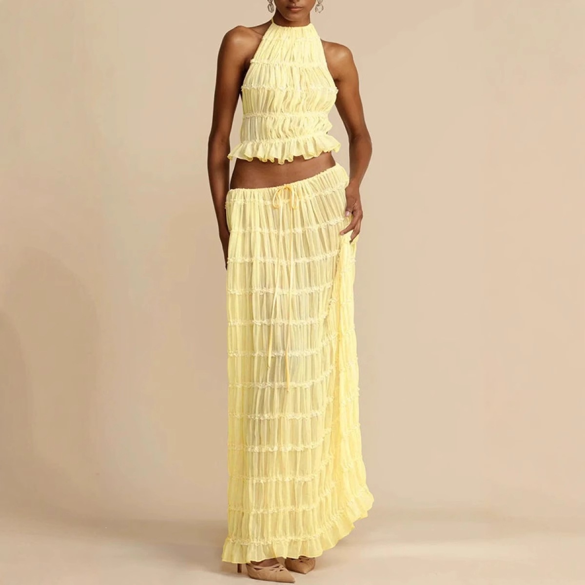 Sleeveless Halter Open-Back Maxi Dress Set