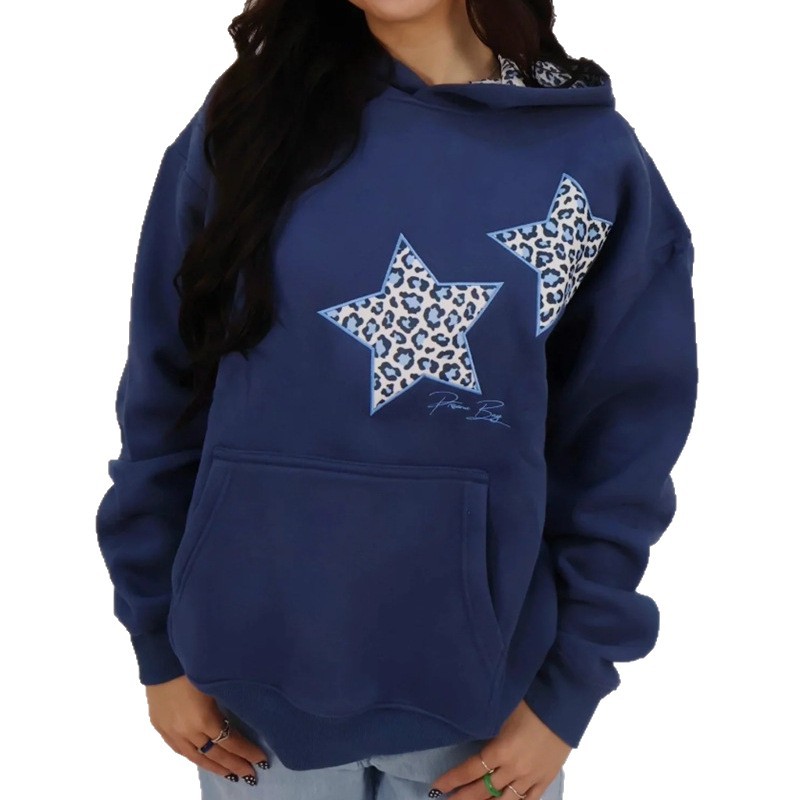 Star Embroidered Hooded Pullover Sweatshirt Women's Loose Casual