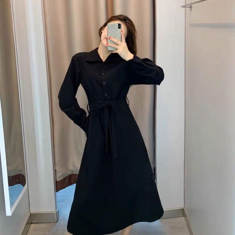 French Vintage Long Sleeve Black Dress Women's Waist-Cinching Slimming Commuter Midi A-Line Polo Neck