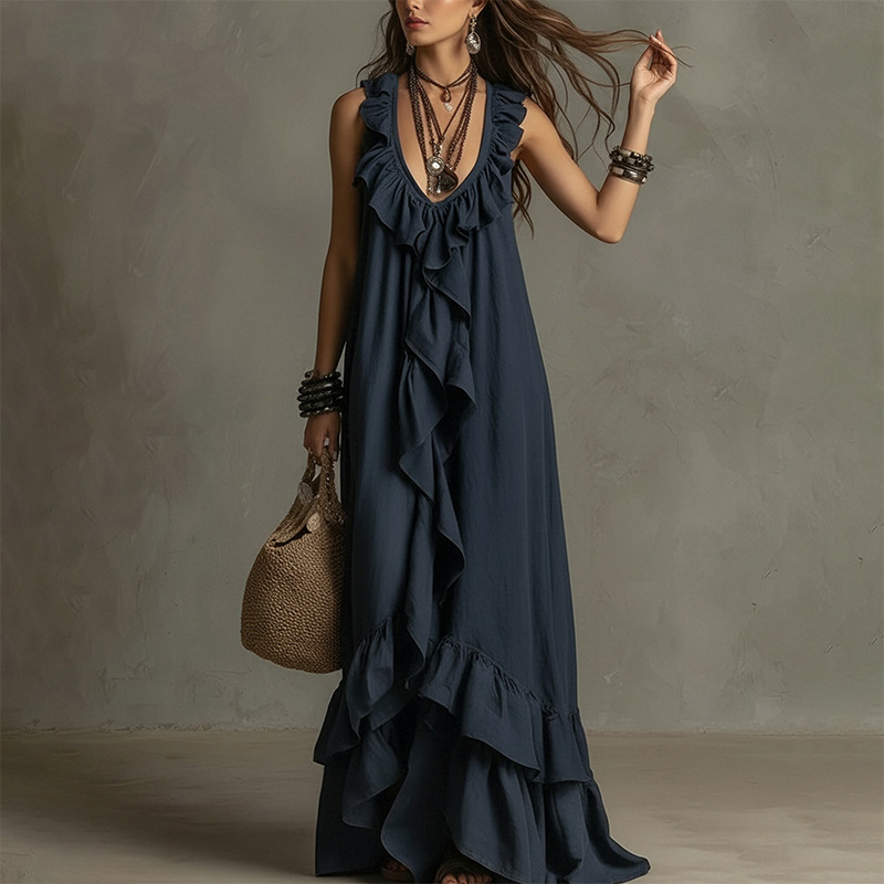 French Vintage Sleeveless Ruffle V-Neck Dress