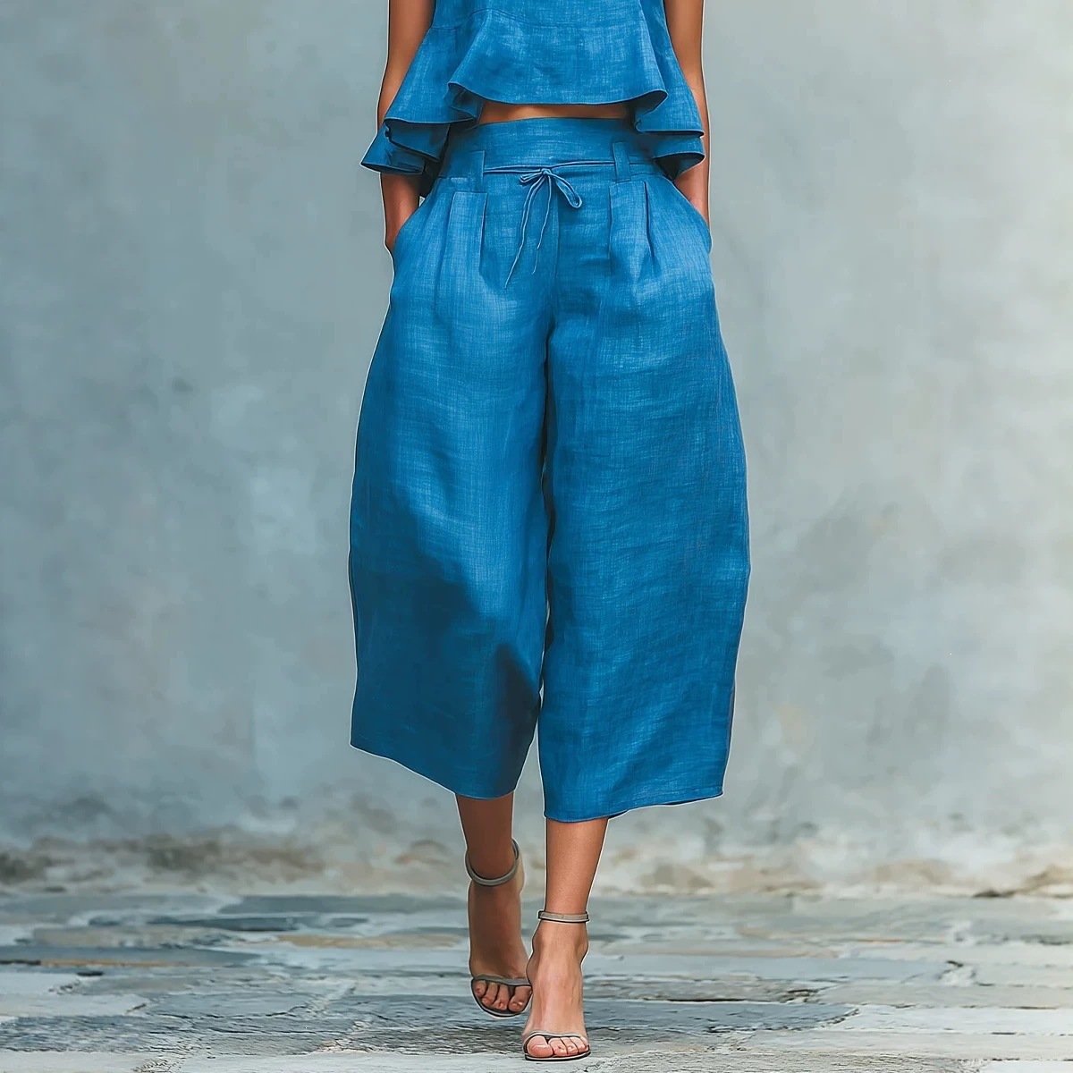 Sleeveless Ruched Tank Top & Wide-Leg Pants Cotton-Blend Set