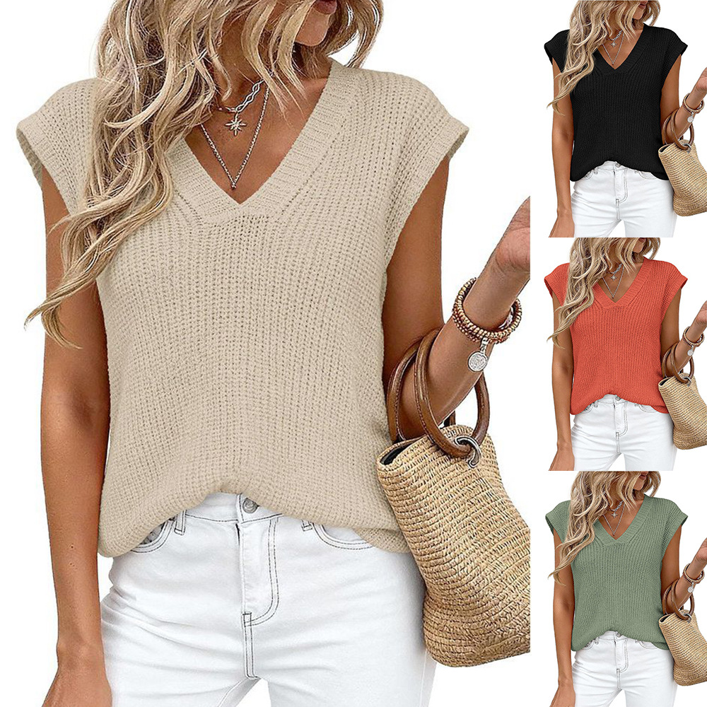 Women's V-Neck Short Sleeve Chunky Knit Sweater Top