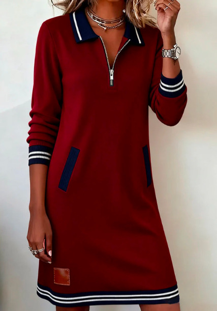 Women's Casual Zip-Up Long Sleeve Sweatshirt Dress Colorblock