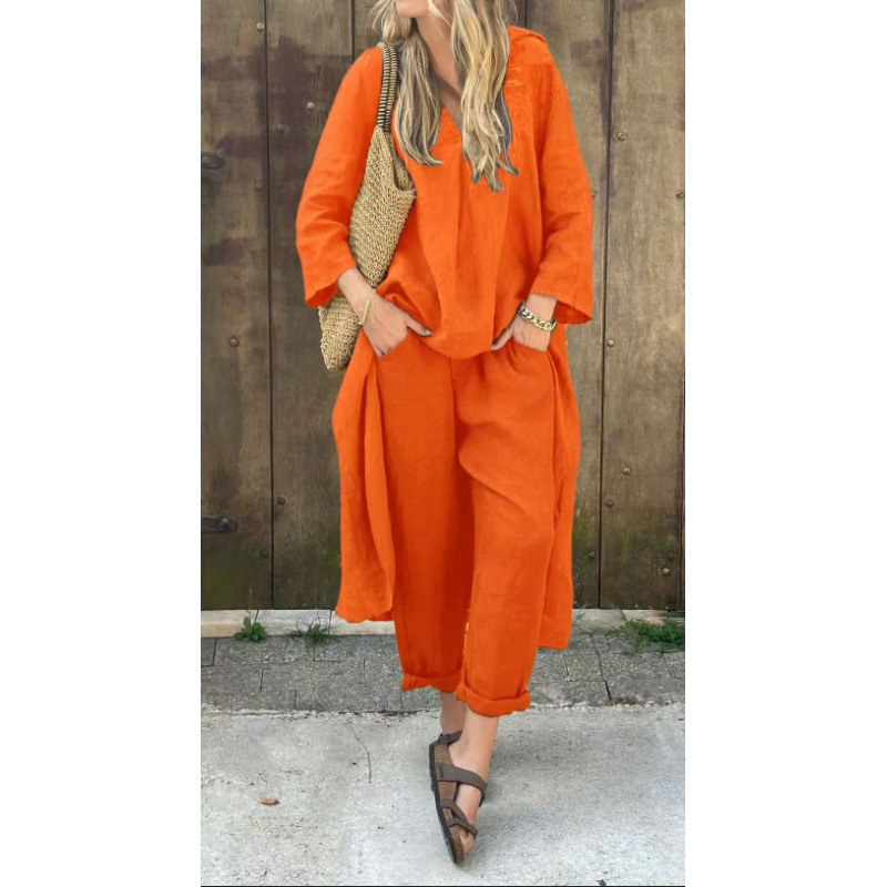 Women's Plus Size Cotton-Linen V-Neck Long Sleeve Top & Pants Set Casual Loungewear