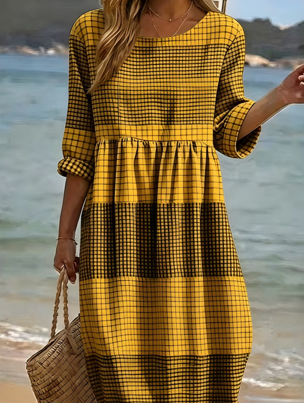 Women's Solid Plaid Print Ruched Midi Dress