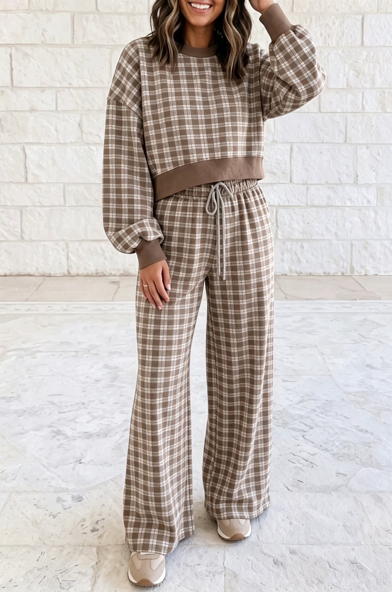 High-Waist Plaid Print Wide-Leg Two-Piece Pants Set