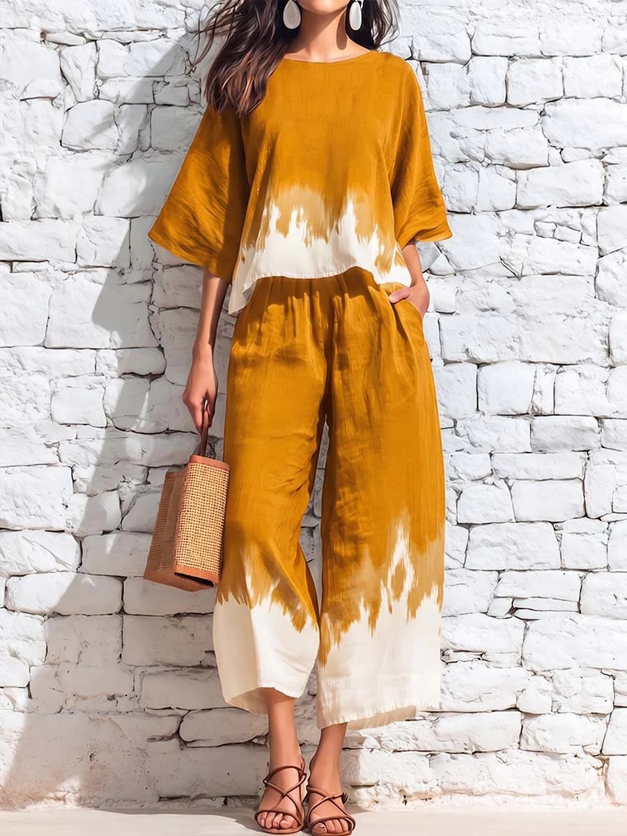Women's Tie-Dye Print Straight-Leg Pant Set Casual Short Sleeve