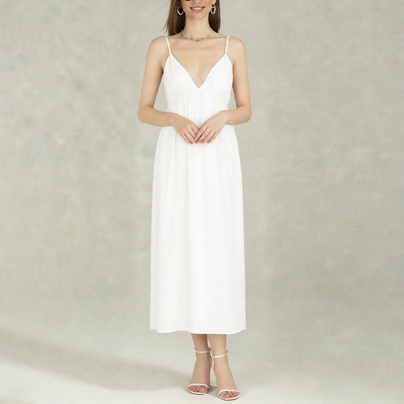 Women's Sleeveless V-Neck Open-Back Solid Color A-Line Midi Dress
