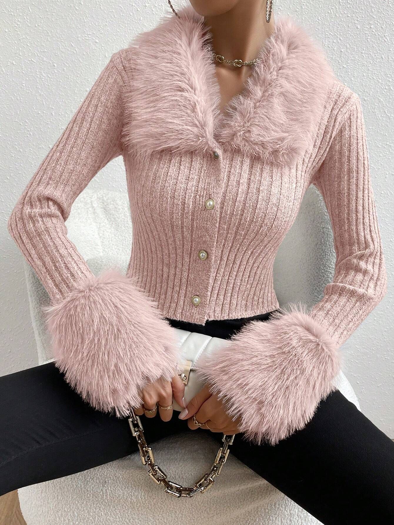 V-Neck Slim-Fit Knit Cardigan with Faux Fur Trim