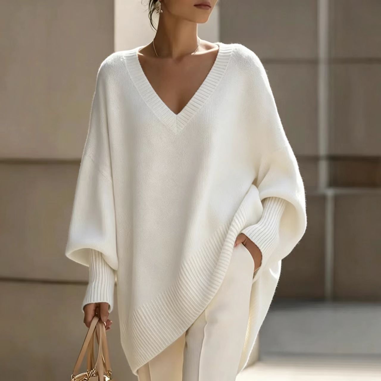 Solid V-Neck Lantern Sleeve Loose Knit Sweater for Women