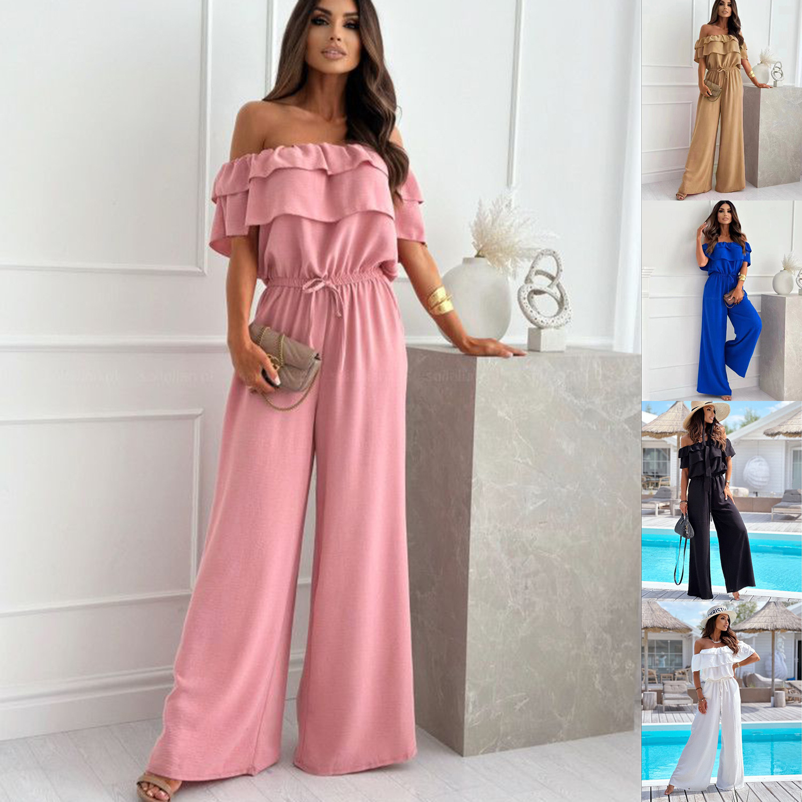 Off-Shoulder One-Shoulder Waist-Defining Wide-Leg Jumpsuit
