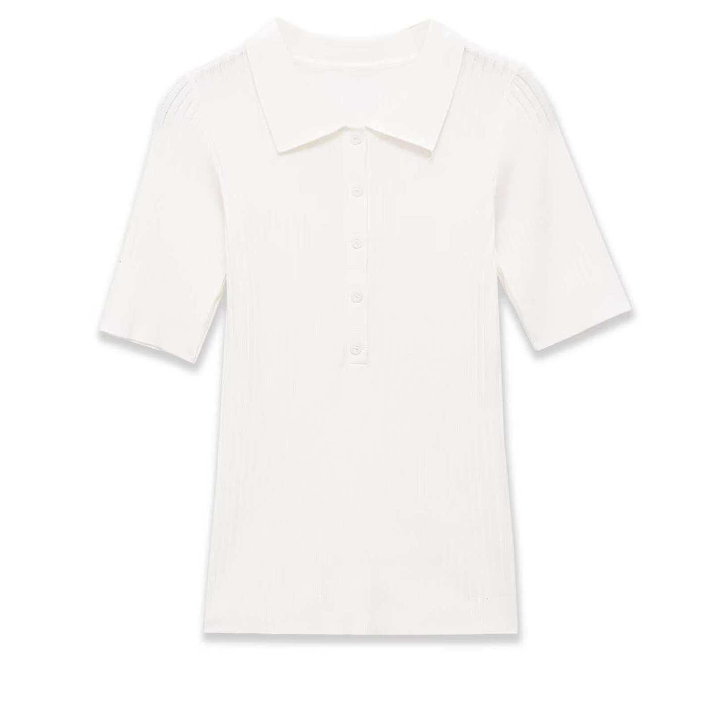 White Polo Collar Half-Sleeve Knit Top