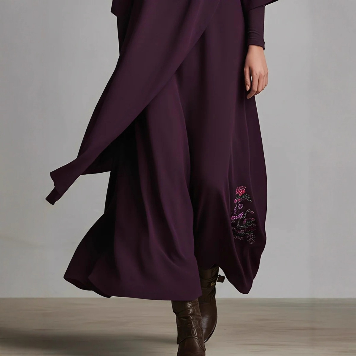 Women's Long Sleeve Loose Embroidered Irregular Waist Dress