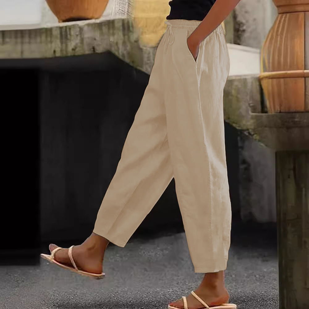 Women's Cotton-Linen Blend Solid Color Casual Pants with Side Pockets and Drawstring