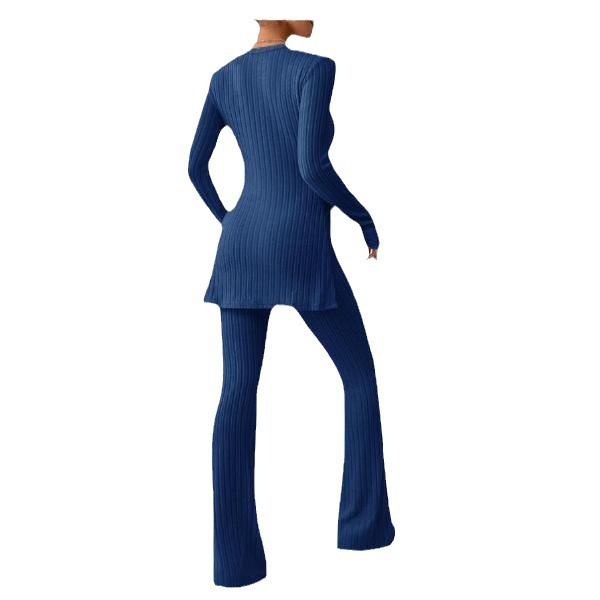 Women's Solid Color Slim Fit Ribbed Knit Lounge Set Long Sleeve Sweater and Pants