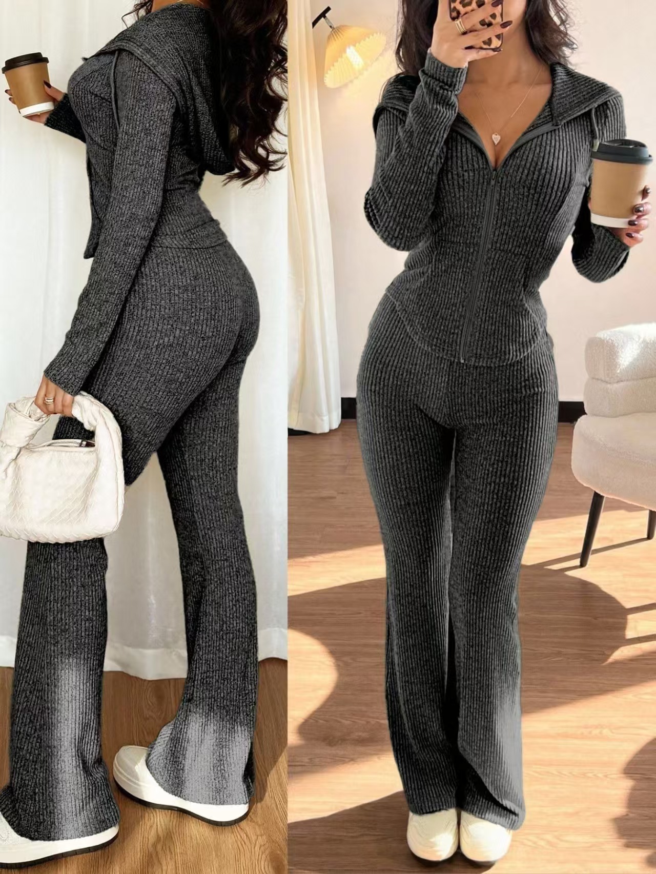 Women's Slim Fit Zip-Up Top and Pants Set