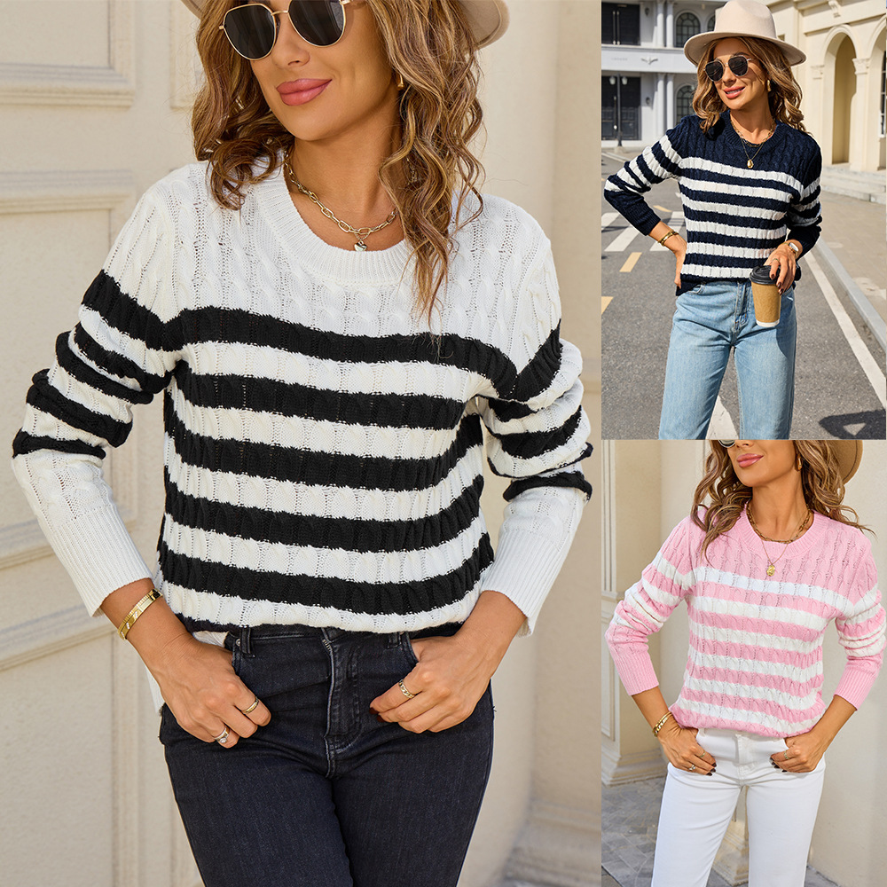 Cable-Knit Color-Block Long-Sleeve Crewneck Pullover Sweater